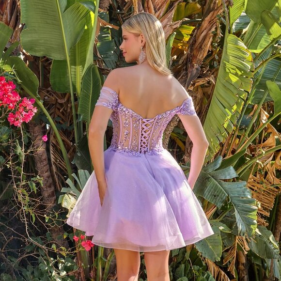 New Off Shoulder Short Fashion Forward Mesh Dress w/ Sheer Boned Bodice GS3684 - Picture 7 of 9